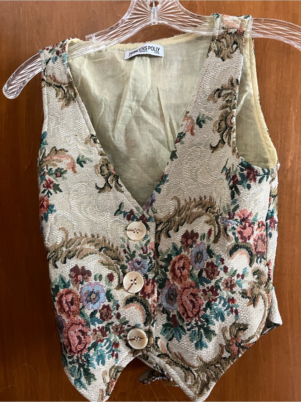 Princess Polly Floral Tapestry Vest in Beige with Rose & Teal Accents Size 4